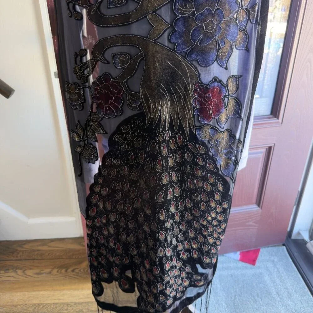 Silk Burnout Velvet Peacock Scarf Wrap Shawl sparkle Fringe 21 x 60